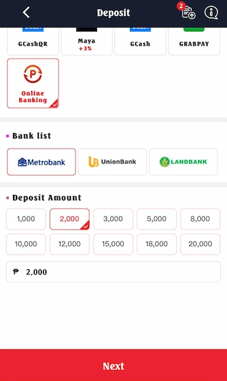 Step 2: Choose the deposit amount that suits you.